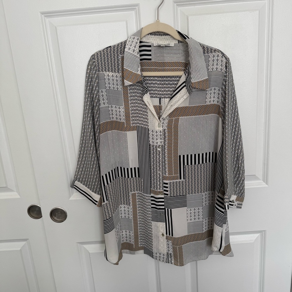 Neutral colored Button Down Shirt with Geometric Pattern